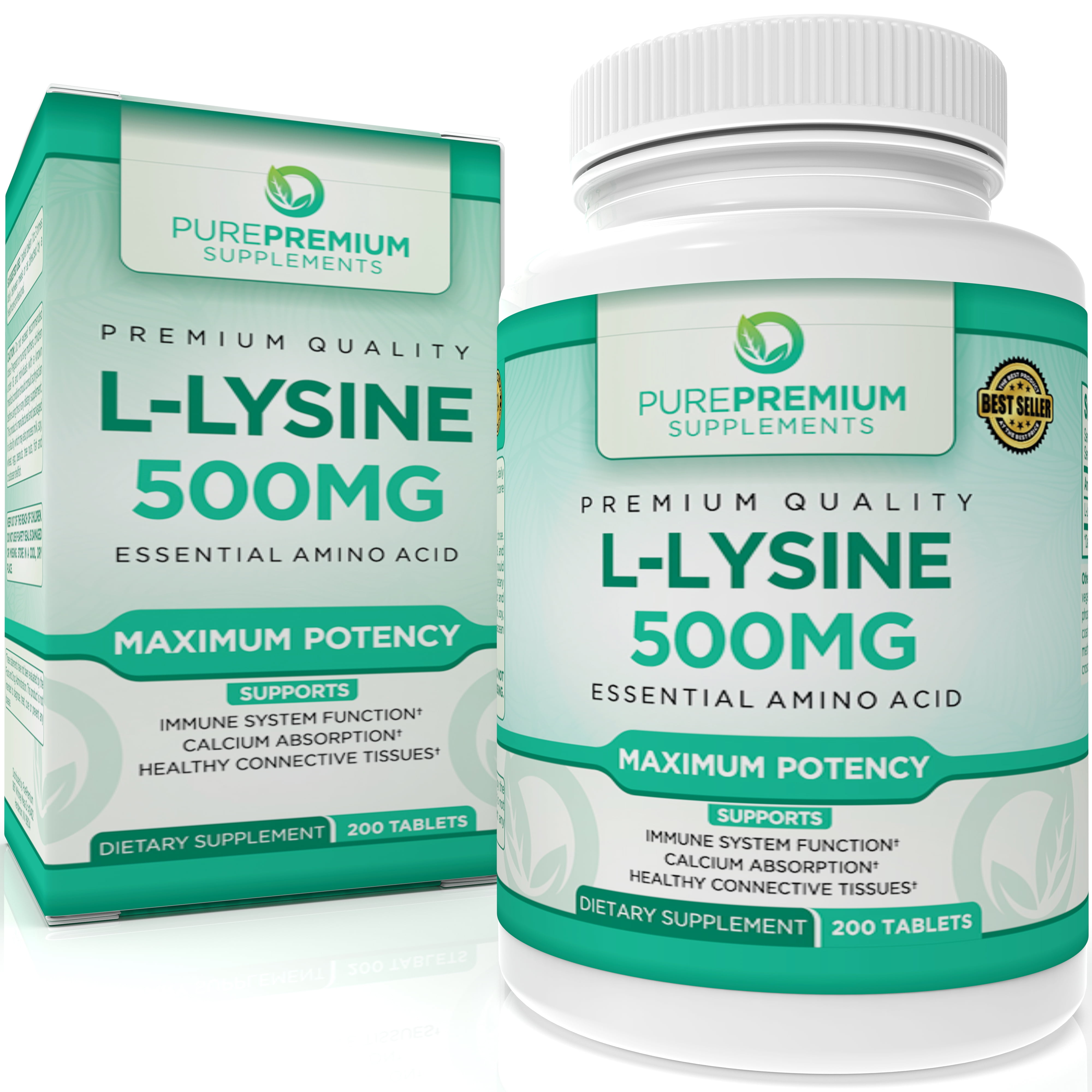 L-Lysine by PurePremium Supplements - Maximum Potency Essential Amino Acid - Non-GMO - 500mg, 200 Tablets