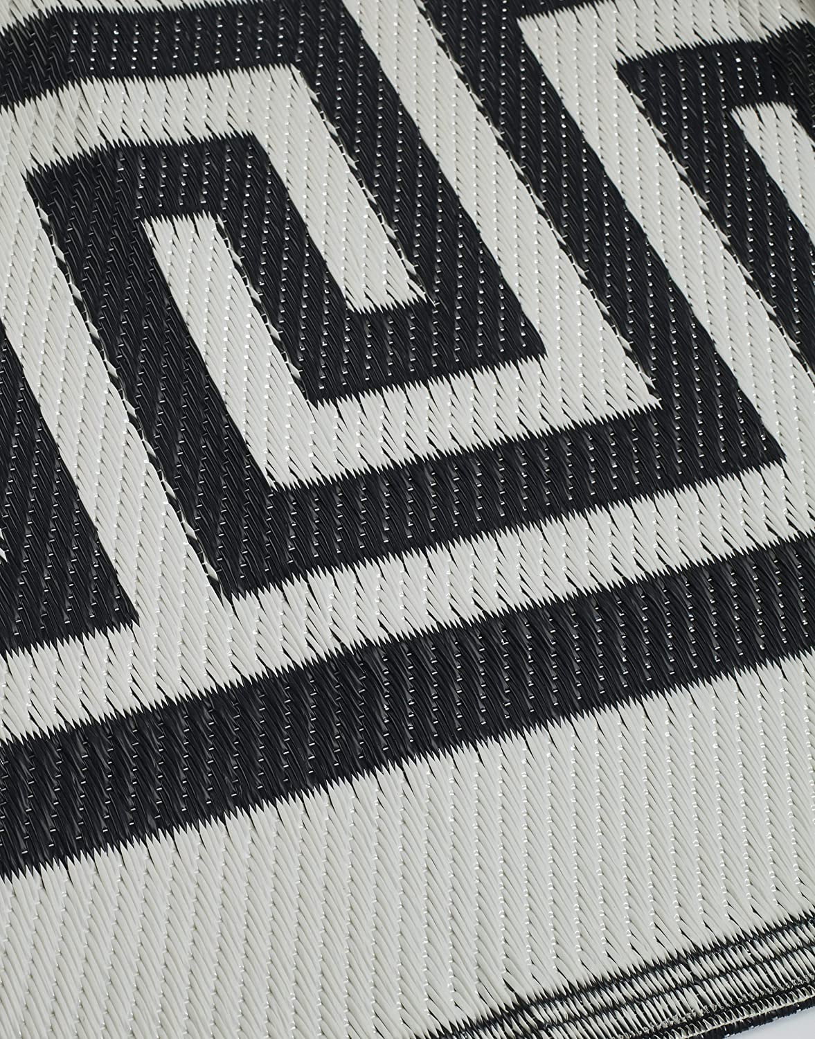 FH Home Outdoor Rug - Waterproof, Fade Resistant, Reversible - Premium Recycled Plastic - Greek Border - Large Patio, Deck, Sunroom, RV, Camping - Athens - Black & White - 9 x 12 ft Foldable