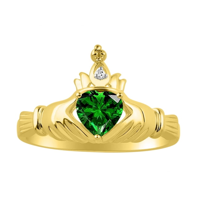 RYLOS Rings 14K Yellow Gold Claddah Love, Loyalty & Friendship Ring Heart 6MM Gemstone & Diamond Claddagh Rings May Emerald Jewelry Size 7