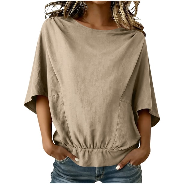 Camisas de Manga Larga para las Mujeres Suelto Ajuste Plisado Lino Cuello en V Cuarto Superior Manga de Moda de Color Sólido Blusa