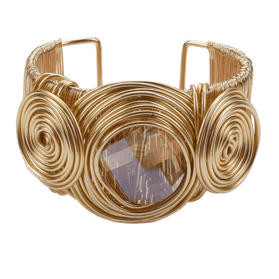 African Inspired Chunky Gold Wire Cuff Bracelet, Handmade Spiral Design with Semi-Precious Stone for Women, Boho Tribal Statement Jewelry ​- Gold