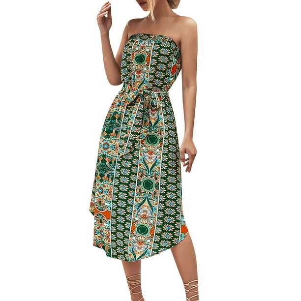 Gibobby Vestido de gasa de verano para mujer Vestido largo informal de playa con estampado de estilo étnico para mujer(Verde,XL)