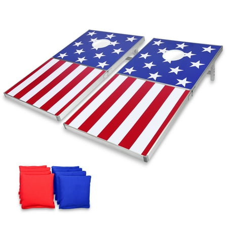GoSports Regulation Size Solid Wood Cornhole PRO Set with 2 4 Foot x 2 Foot Boards, 8 Bean Bags, Carrying Case, and Game Rules, American Flag