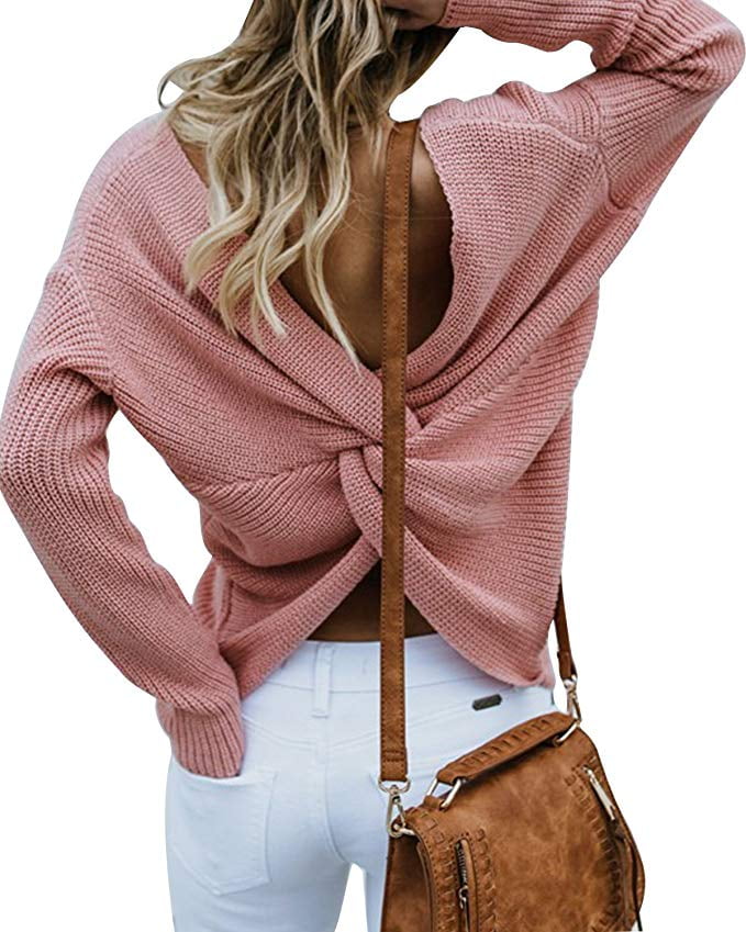 Pink Queen Women Casual Back Criss Cross V Neck Long Sleeve Loose Knitted Sweater Pullovers, Women's, Size: Medium, Pink
