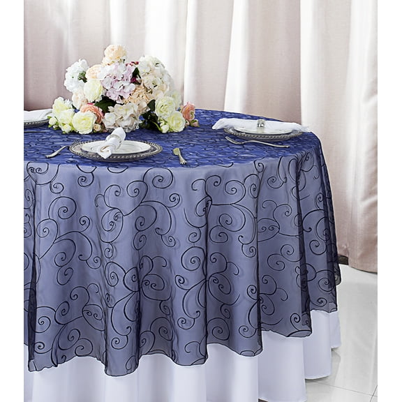 Wedding Linens Inc. 90" Round Embroidered Organza Table Overlay Toppers Tablecloth - Navy Blue