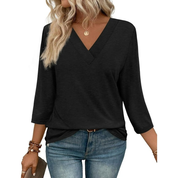 V Neck 3/4 Length Sleeve Women's Tunic Tops Soft Stretchy Fabric