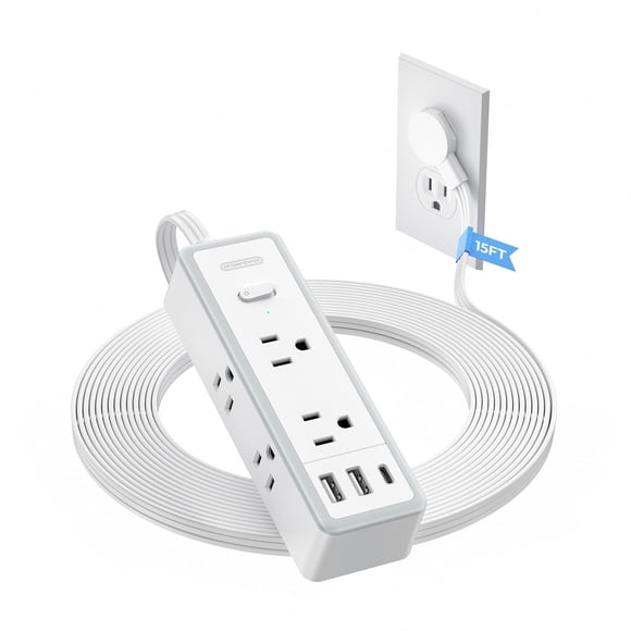 NTONPOWER Regleta de enchufe plano, protector contra sobretensiones de cable de extensión de 15 pies, 6 salidas de CA amplias con 3 puertos USB (1 USB C), montaje en pared, protector contra sobretensi
