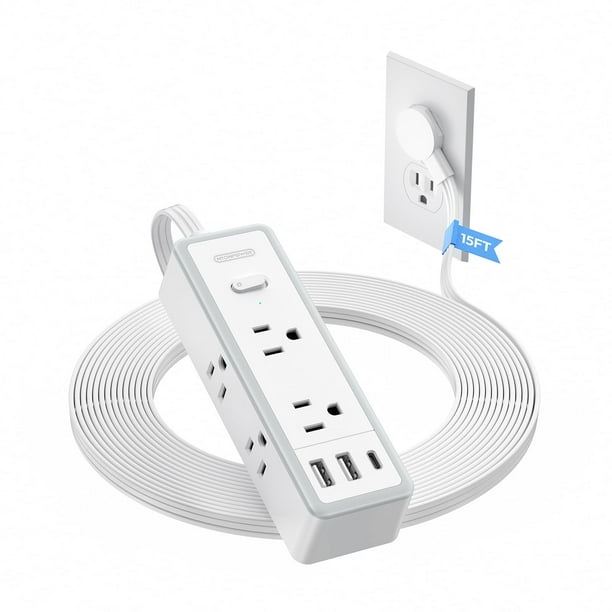 NTONPOWER Regleta de enchufe plano, protector contra sobretensiones de cable de extensión de 15 pies, 6 salidas de CA amplias con 3 puertos USB (1 USB C), montaje en pared, protector contra sobretensi
