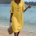 thumbnail image 2 of Women's Loose Dresses V Neck 3/4 Ruffle Sleeve Sundress with Button Front Linen Blend Shift Dress for Summer Vacation Yellow L, 2 of 9