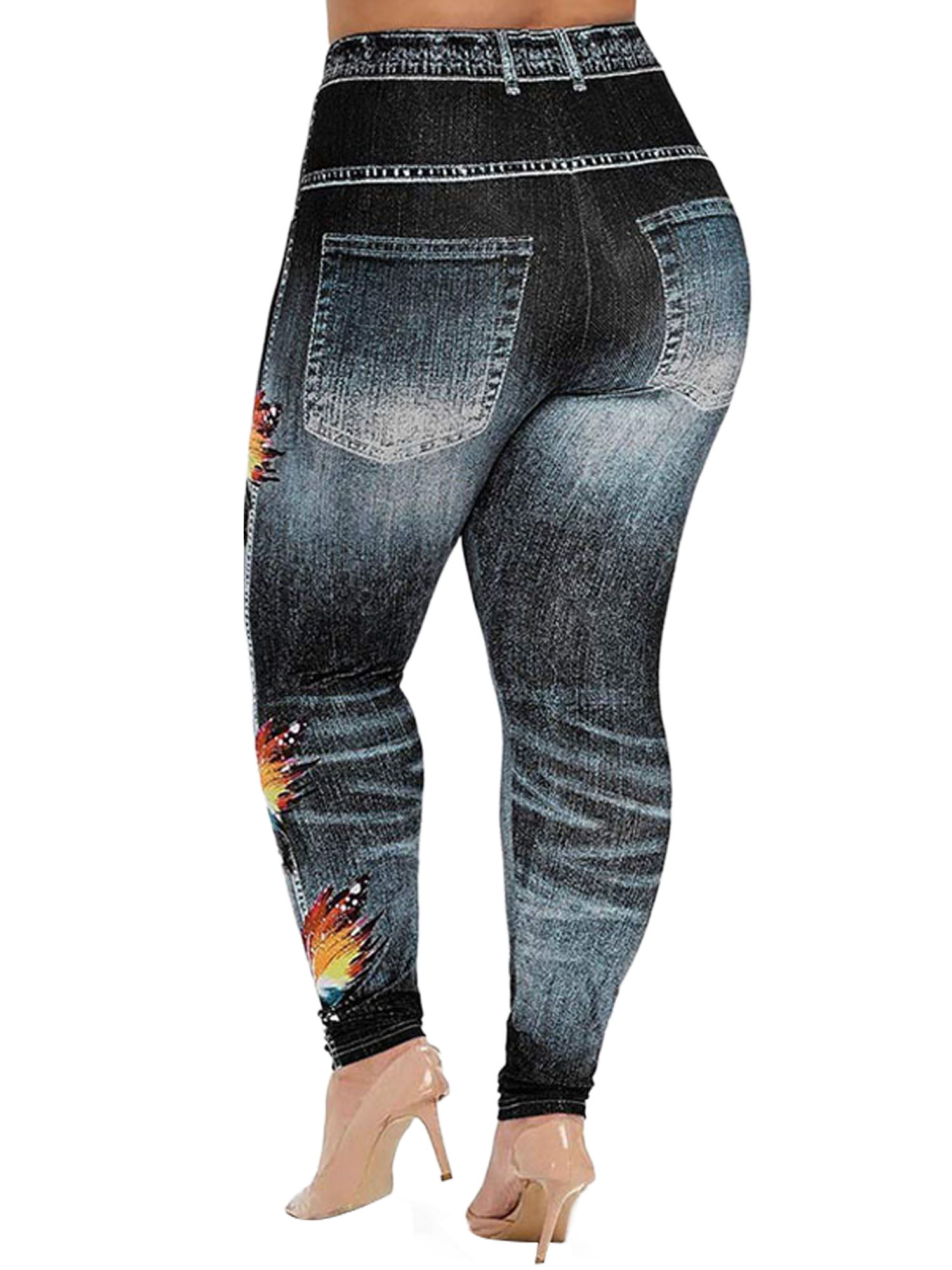 Frontwalk Ladies Fake Jeans High Waist Leggings Tummy Control Faux