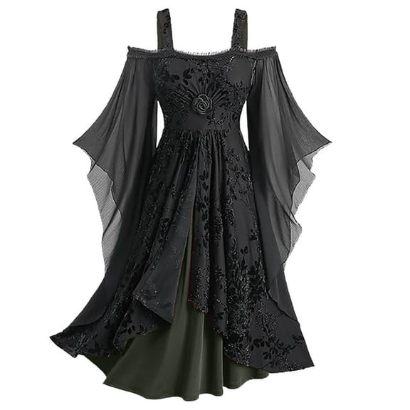 DUMUIELD Renaissance Dress Women Cold Shoulder Long Bell Sleeve Dresses Medieval Costume Dresses Vintage Gothic Maxi Dress