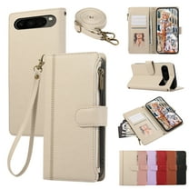 Zipper Wallet Cover for Google Pixel 9 / 9 Pro, Case with Crossbody Strap & Wrist Strap Card Holder Folding Stand Premium PU Leather Folio Flip Phone Case for Women for Google Pixel 9 / 9 Pro, Beige