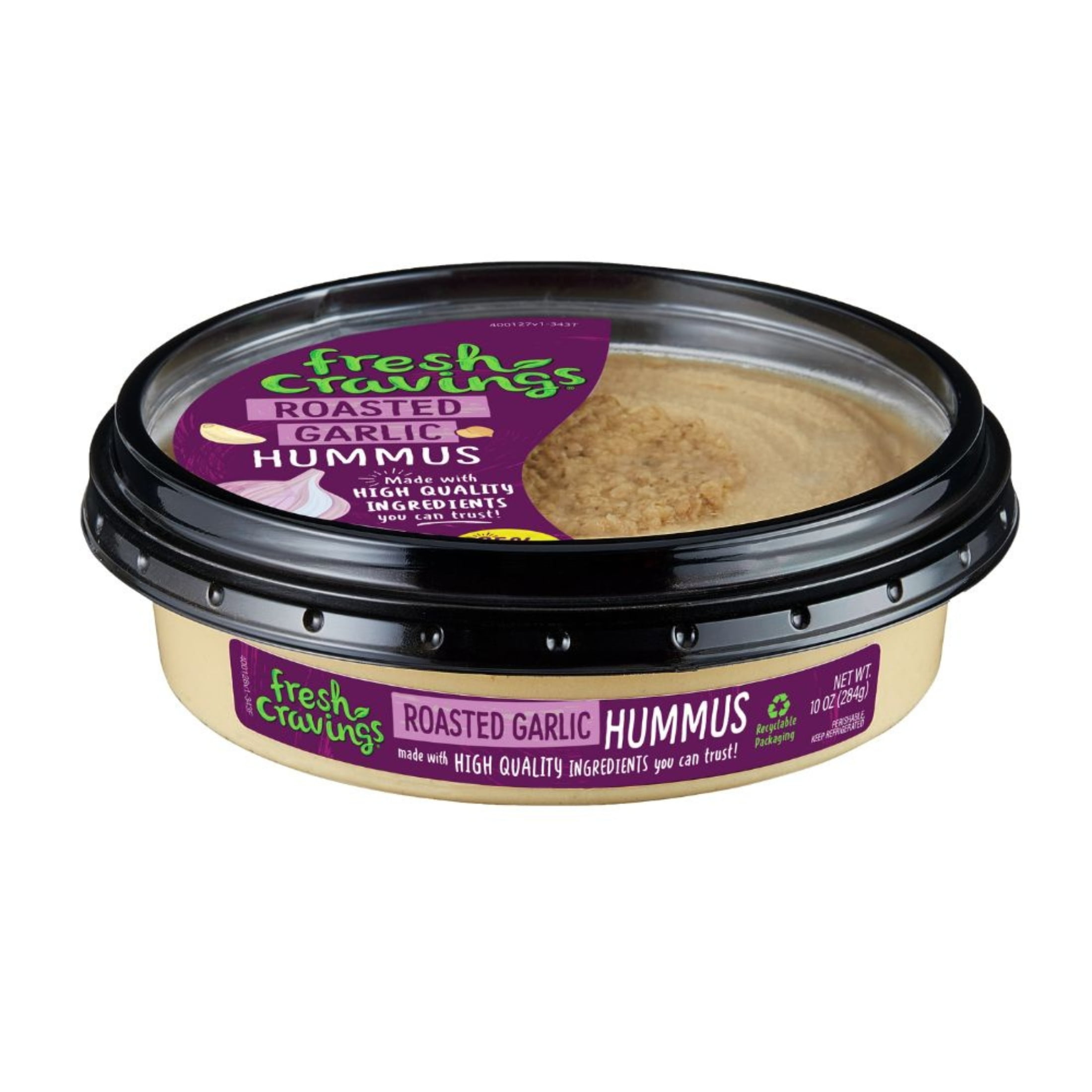 Fresh Cravings Roasted Garlic Hummus Dip, 10 oz. Plastic Tub, Gluten-Free, 2 Tbsp (32g), Contains: Sesame