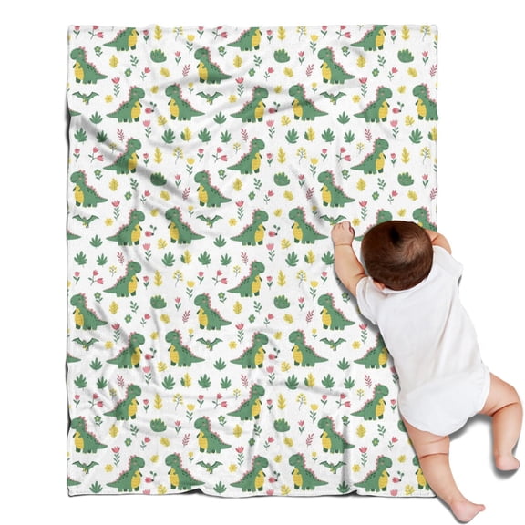 White Green Dinosaurs Floral Pattern Blanket,Comfortable Soft Flannel Throw Blanket,All Season,Warm Lightweight Blankets for Sofa Bed Couch Living Room Chair,30"x40"