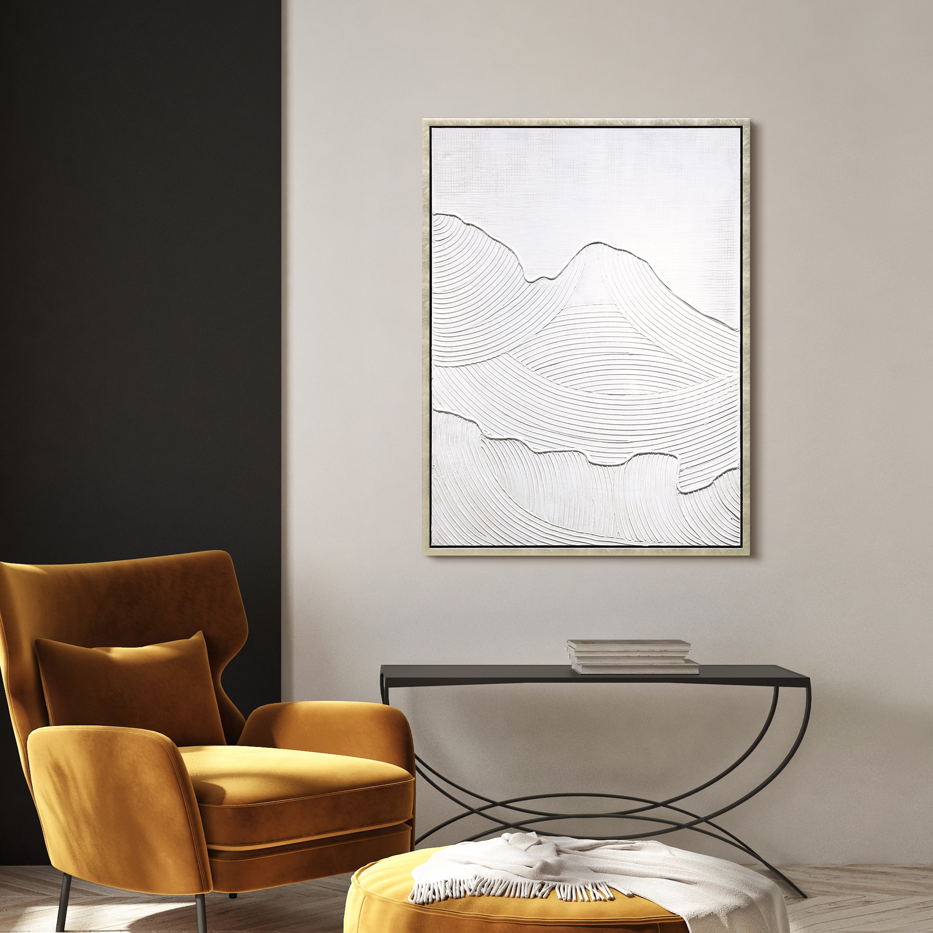 Mountain Serenity Heavily Textured Hand Painted White Framed Canvas Wall Art