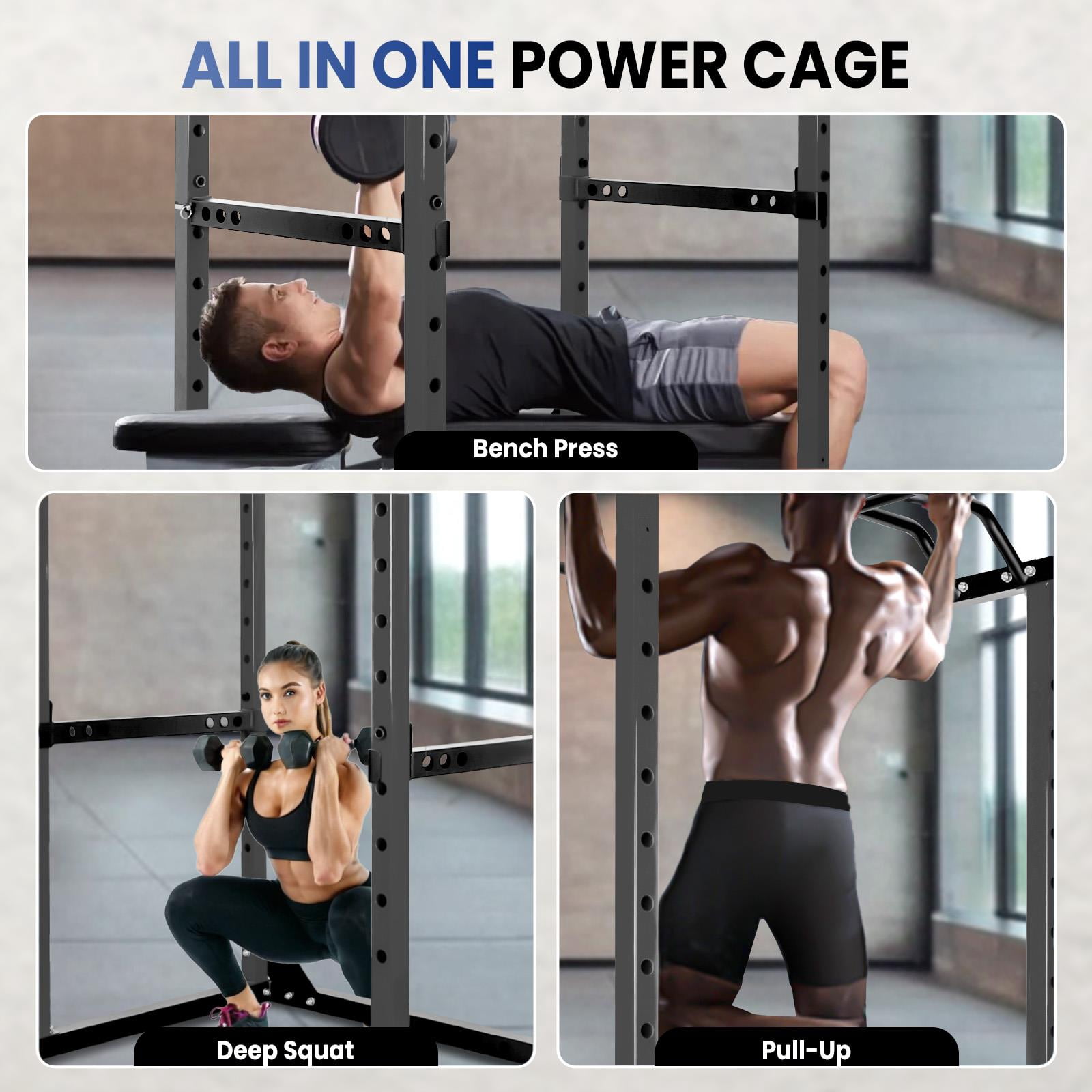 Space Saving Squat Rack, Power Cage with Wide Pull Up Bar, Weight Rack, Non-Slip Base Workout Station for Home Gym
