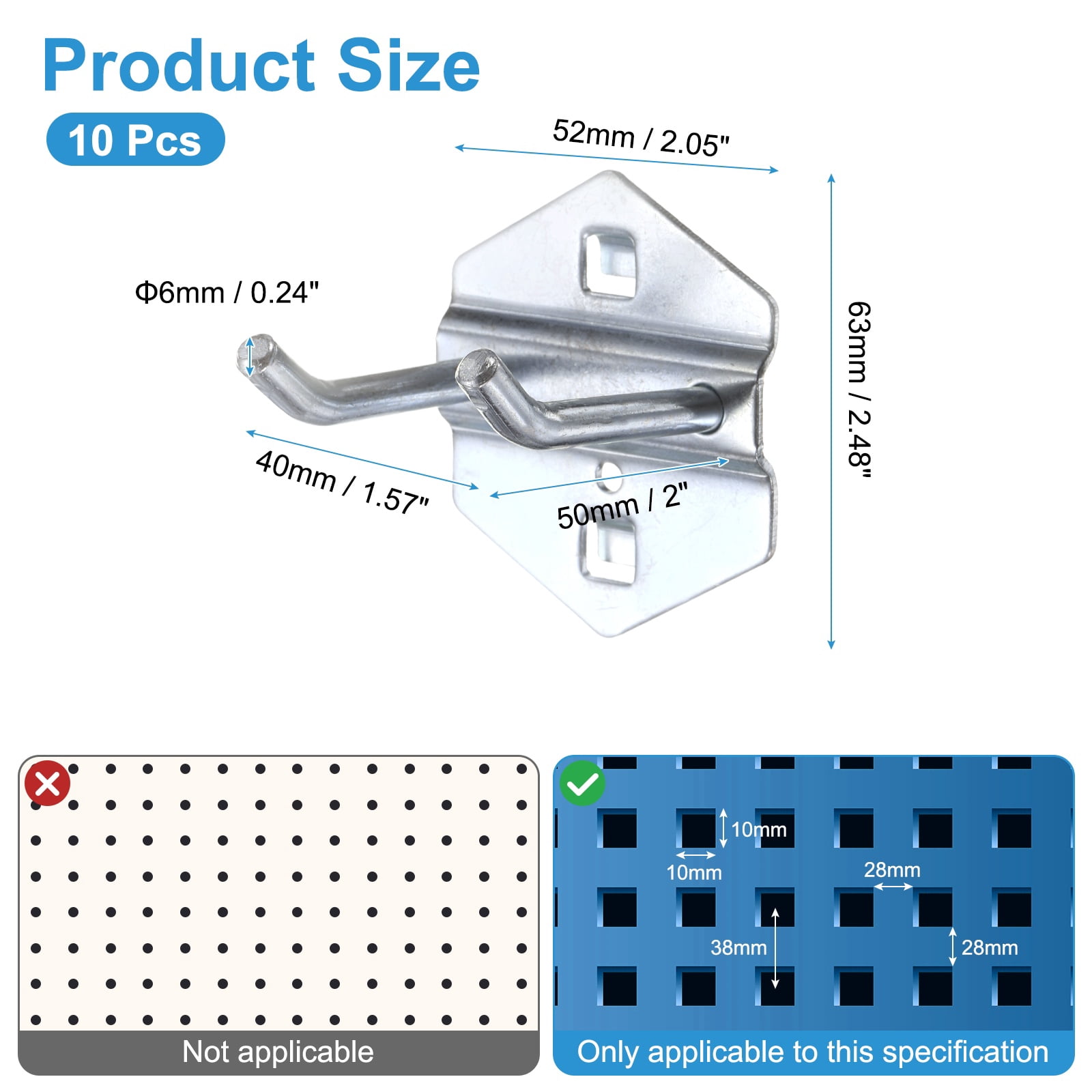 Uxcell 10Pcs Metal Square Peg Board Hooks, 2" Heavy Duty Square Hole Peg Hook for 3/8" Spaced Pegboards, Silver