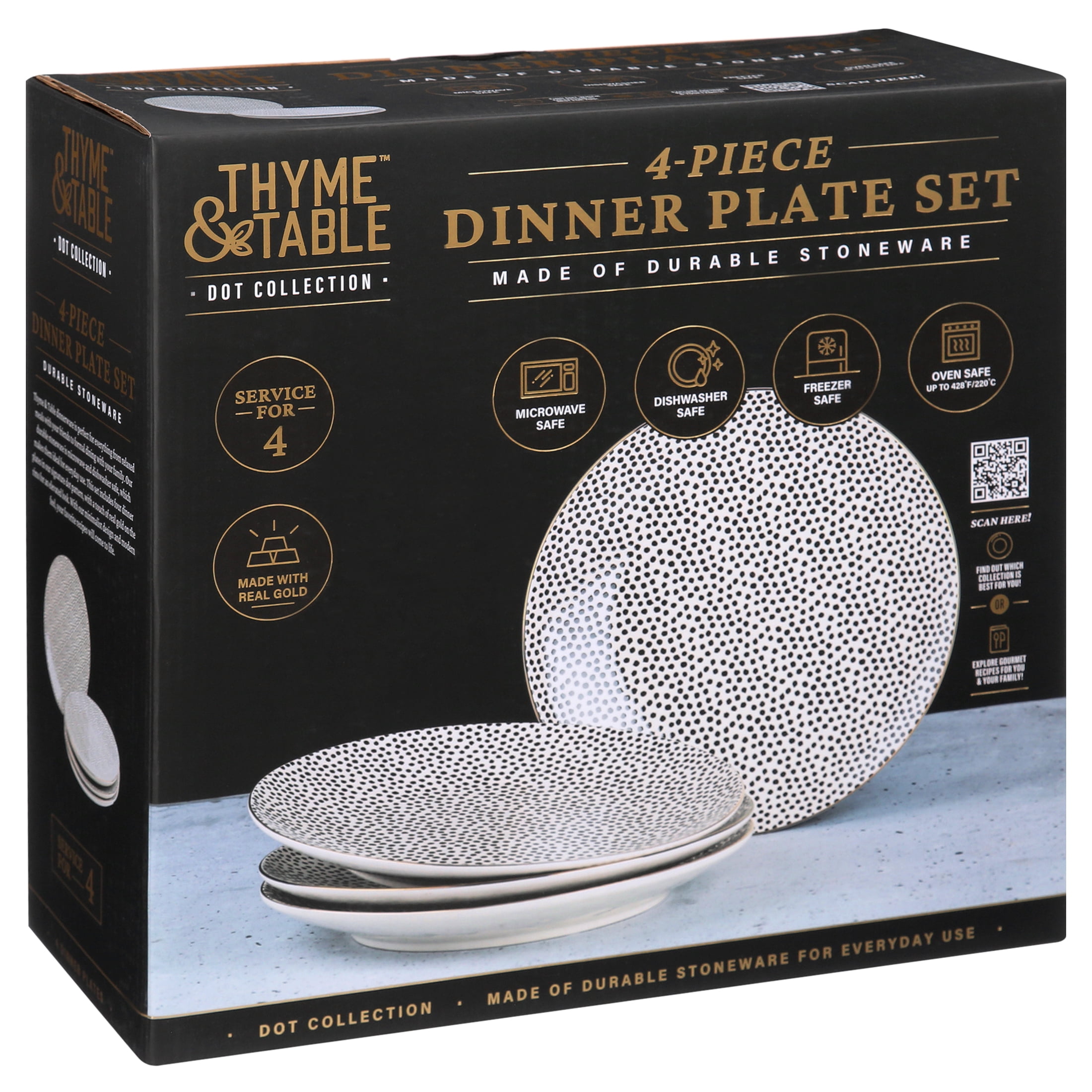 Thyme & Table Dinnerware Black and White Dot Dinner Plates, 4 pack