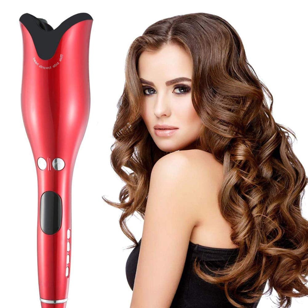 Automatic Curling Iron for Women Long Hair Rotating Automatic Curling Wand Rotate Hair Curler Portable Fast Heating Easy to Use LCD Digital Display (Red)