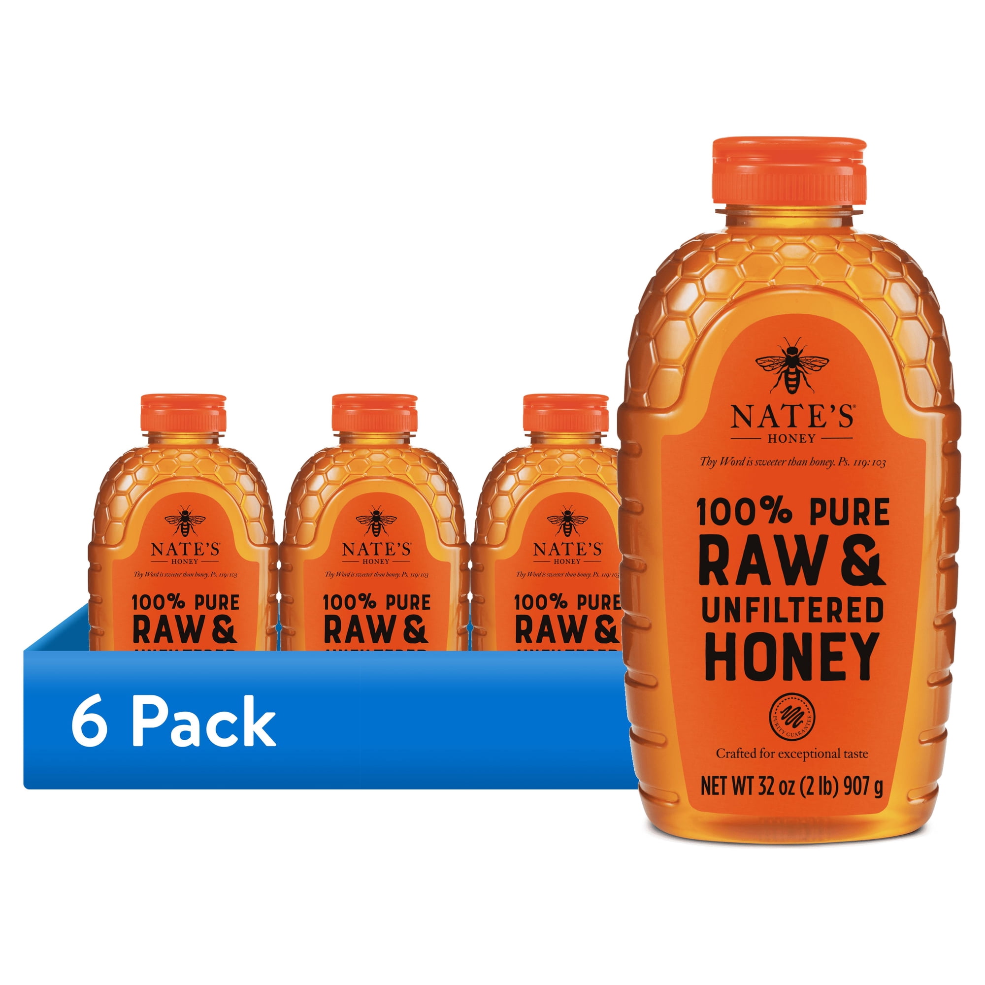 (6 pack) Nate's Honey: 100% Pure, Raw and Unfiltered Honey - 32 fl oz Gluten-Free Honey