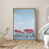 PixonSign Framed Canvas Print Wall Art Pink Umbrellas on Sandy Beach Places Ocean Photography Modern Art Nautical Scenic Dramatic Multicolor Ultra for Living Room, Bedroom, Office - 24"x36" Natural