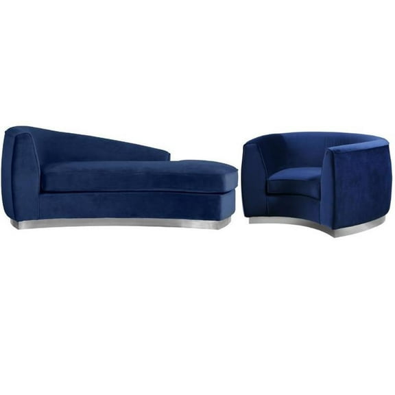 Home Square 2-Piece Set with Velvet Accent Chair and Chaise in Navy and Chrome