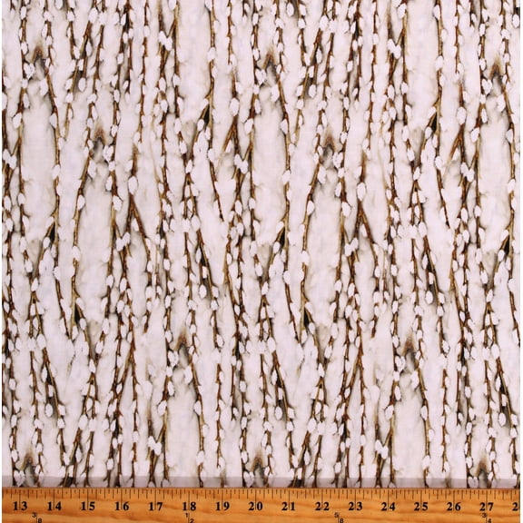 Cotton Dragonfly Days Pussy Willows Plants Sticks Stems Fluffy Landscape Nature Taupe Cotton Fabric Print by the Yard (Y3756-138)