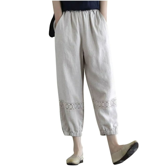 Timegard Womens Lounge Pants Solid Color Lace Ruched Lightweight Elastic Waist Trousers with Pockets