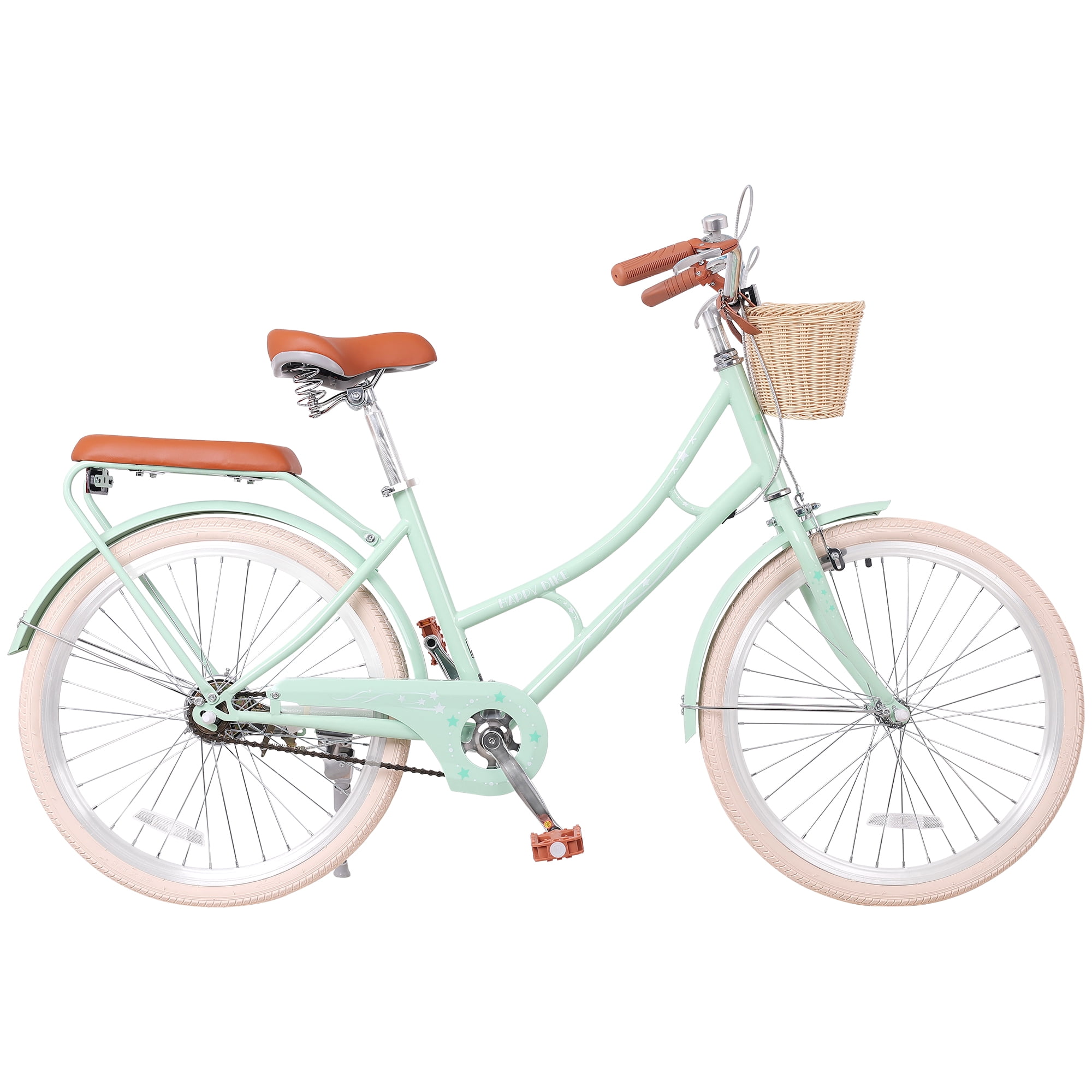 Aukfa 24" Beach Cruiser Bike with Basket & Rear Seat for Girls & Teens, Step-Through Comfort Bicycle Single Speed City Commuter,Mint Green