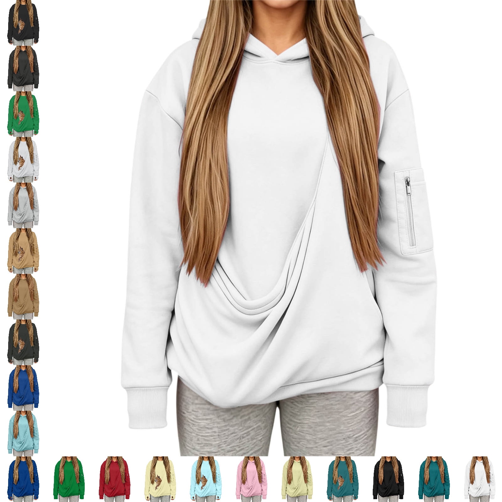 Women Hoodie with Cat Dog Pouch Long Sleeve Pet Carrier Hoodie with Big Pocket Winter Clothes