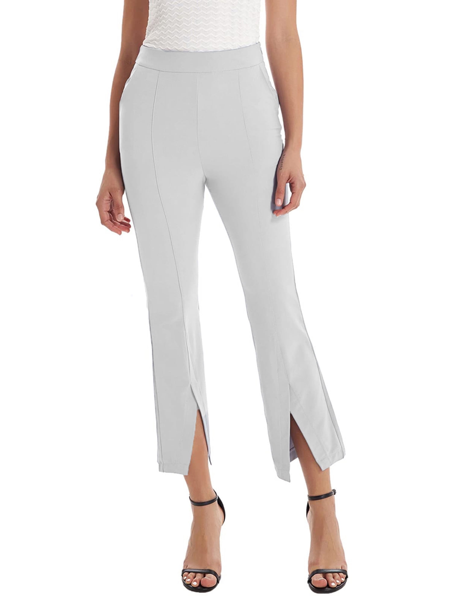 Women's Split Front Dress Pants High Elastic Waist Business Work Crop Pants  Solid Elegant Long Pants with Pockets 