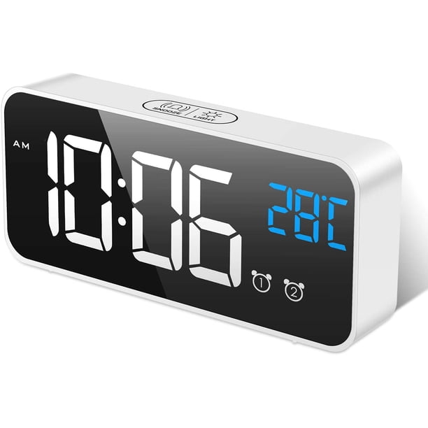 Reloj despertador digital LED, reloj de noche con espejo recargable con pantalla de temperatura, repetición, sin tictac, volumen y brillo ajustables, 2 alarmas con 13 música WD.WDQZL Ropa