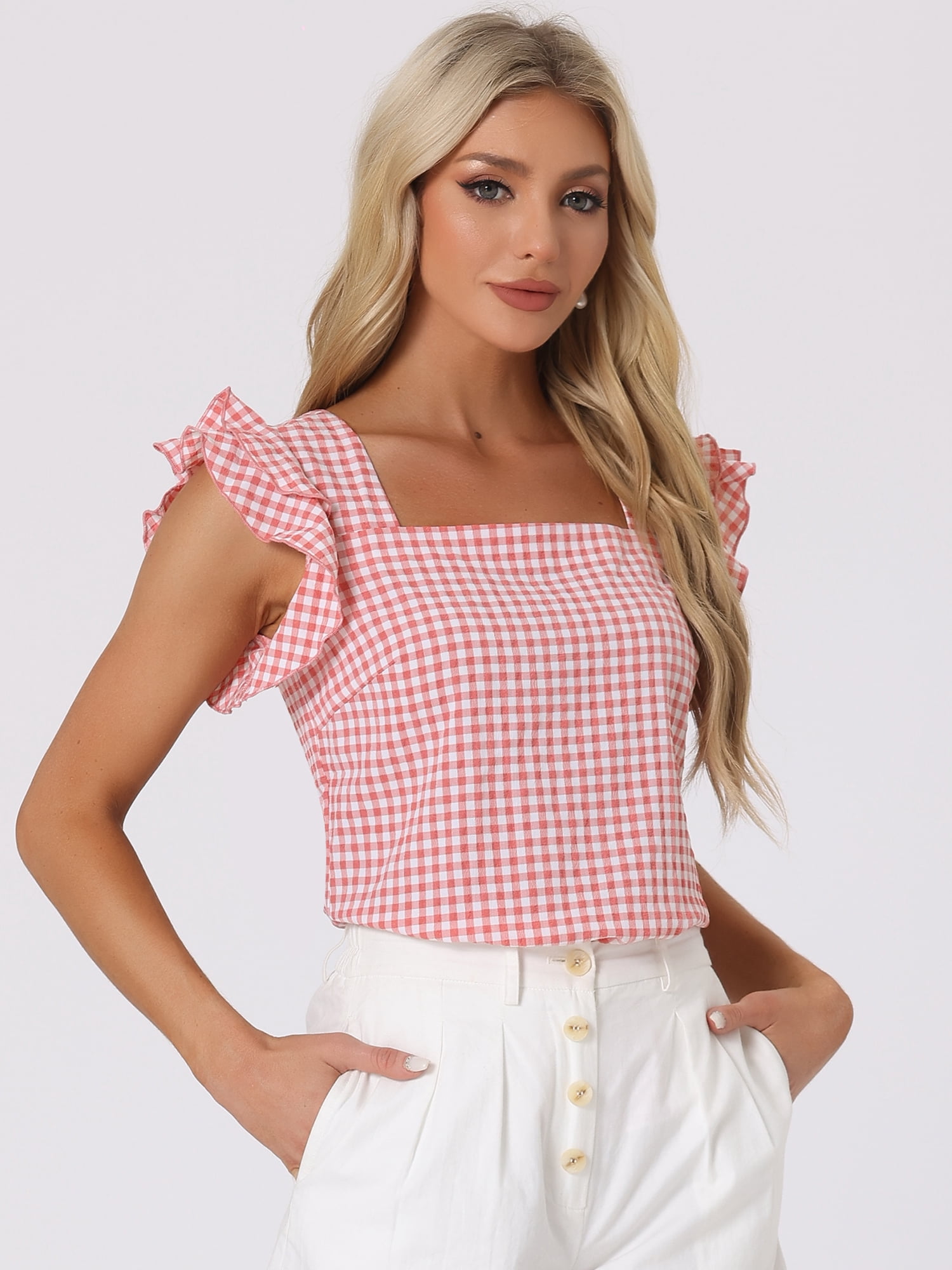 DARING DIVA Square Neck Ruffle Sleeve Blouse S Pink