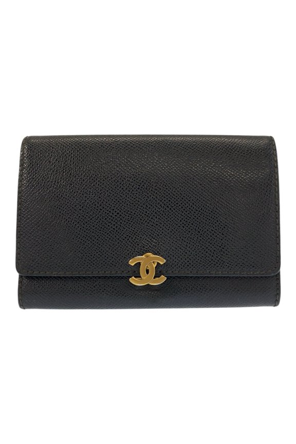 Pre-Owned CHANEL Coco Mark Black Leather Folding Wallet with Gold Hardware - Compact for Women