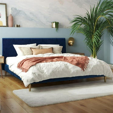 Mr. Kate Daphne Upholstered Bed with Vertical Channel Tufted Headboard, King, Blue Velvet