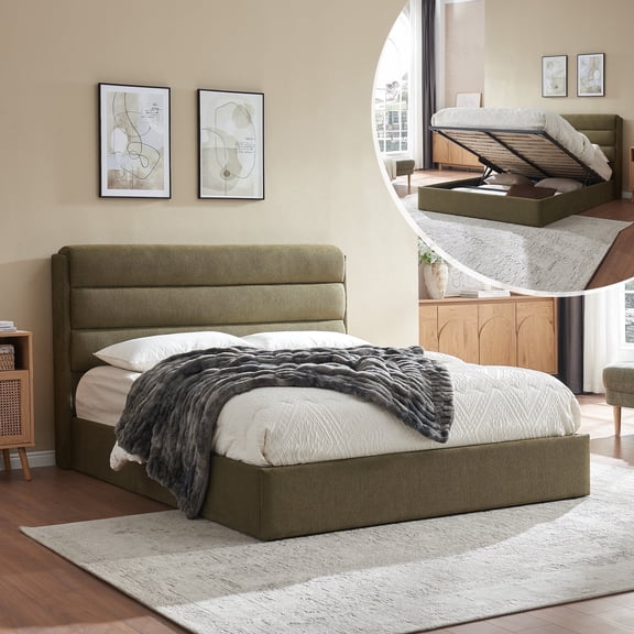 Zanmintaobo Queen Bed Frame with Lift up Storage & Layered Linen Headboard - Sturdy,Noise-Free,No Box Spring Needed,Easy Assembly,Olive Green