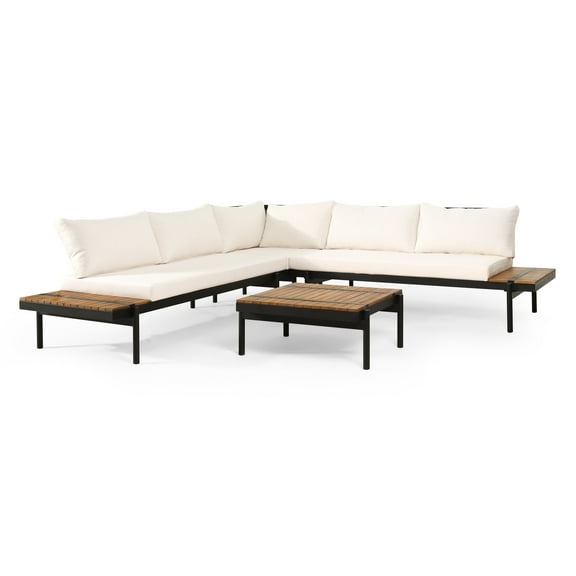 GDF Studio Cody Outdoor Acacia Wood and Iron 5 Seater Sectional Sofa Set with Cushions, Teak/Black/Cream