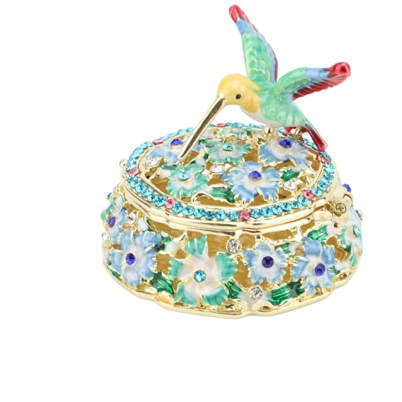 Riousery Round Hummingbird Pattern Enameled Jewelry Box Decorative Metal Trinket Box Vintage Jewelry Organizer for Desktop and Bedroom Blue Dimensions 2.17x1.85in