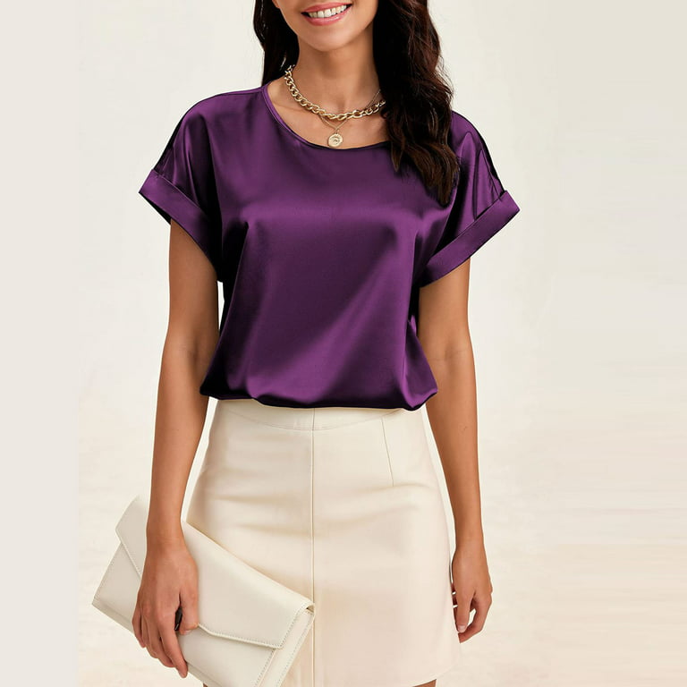 Leylayray Tops Round Women for Rolled Dark Sleeve Blouse Neck Womens Summer Satin Silk T-Shirt Purple Elegant Tops Short Solid XL