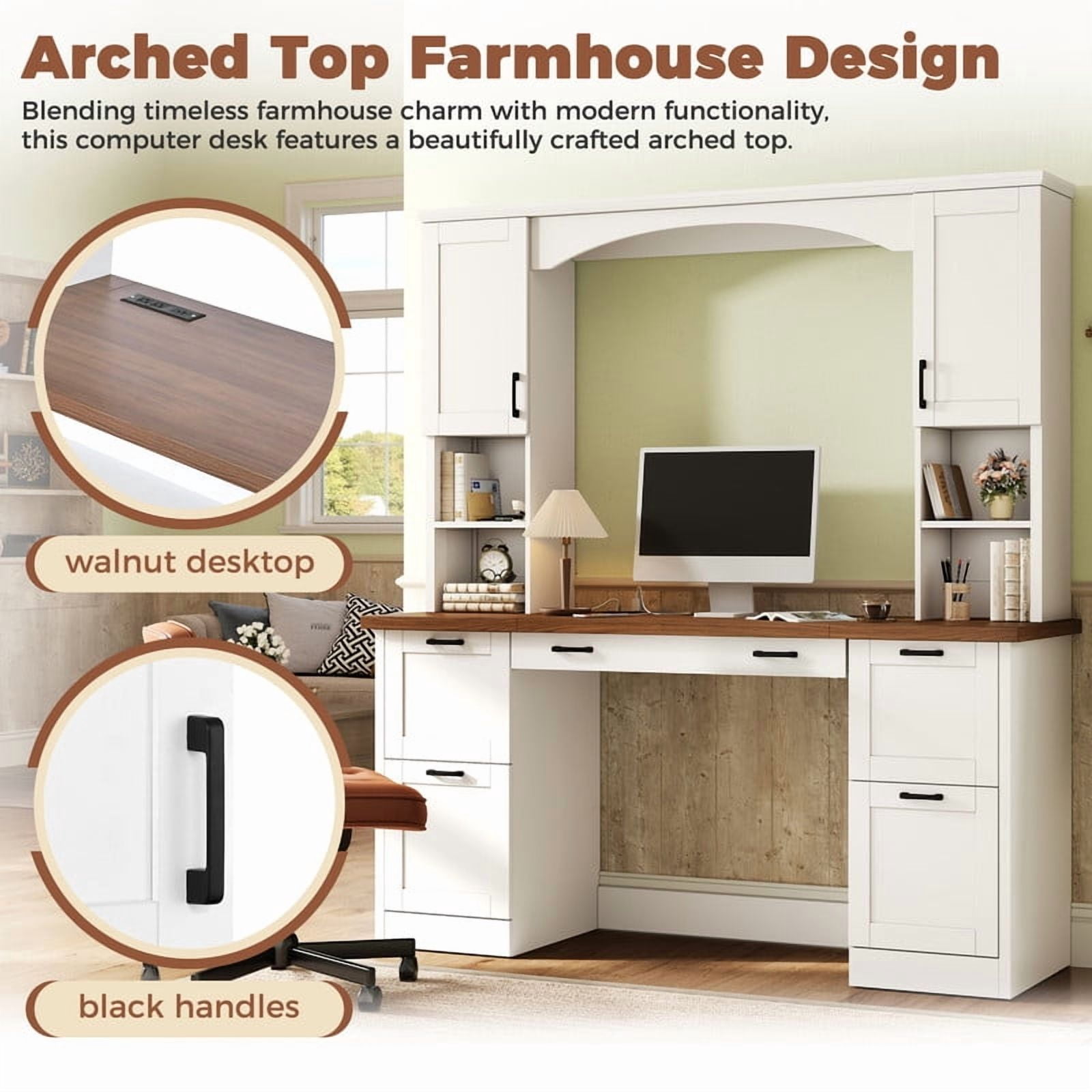 Howcool 68.6"H Farmhouse Arched Computer Desk with Hutch, Workstation with Built-In Charging Station, Keyboard Tray, All-in-One Writing Desk with File Drawer for Home Office