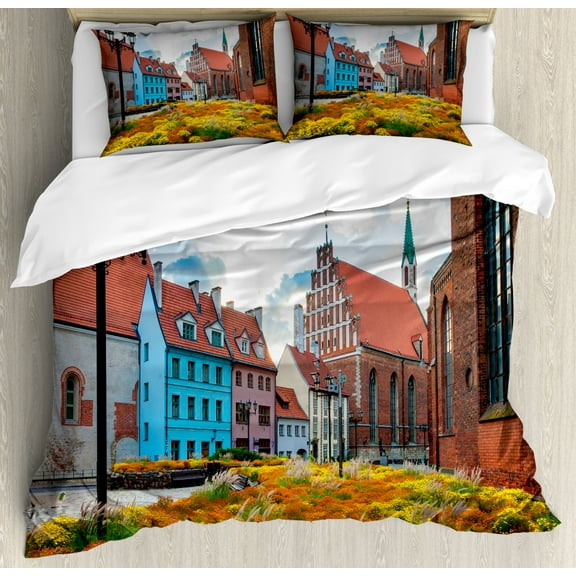 Victorian Duvet Cover Set Queen Size, Old City Riga Latvia Capital with Historical Buildings Medieval Town Image Print, Decorative 3 Piece Bedding Set with 2 Pillow Shams, Multicolor, by Ambesonne