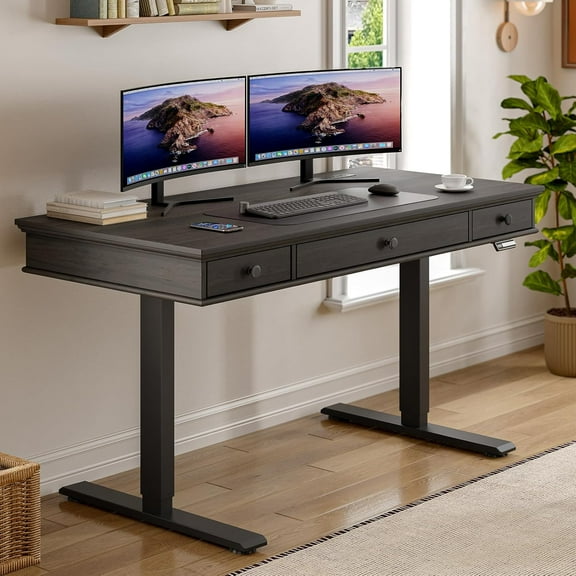 ONBRILL Standing Desk with Drawers, 55 x 23 Inch Electric Height Adjustable Desk with Storage & Outlets, for Computer Workstation, Home Office, Retro Curved Table Corner Design, Dark Walnut