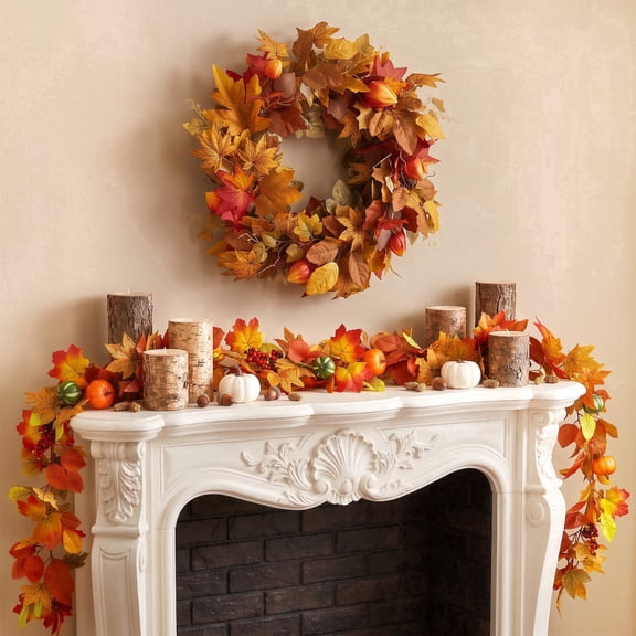 Leyaron 2 Pack Fall Wreath Decoration Set, 20" Autumn Cape Gooseberry Wreath and 6 Ft Garland Fall Decorations for Home Farmhouse Fireplace Indoor Outdoor Thanksgiving Autumn Decor
