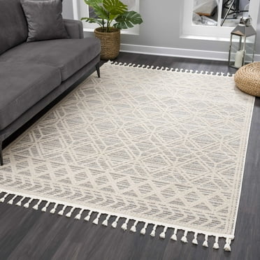 Hauteloom Magnolia MGN-2301 - Molde Moroccan Farmhouse Living Room Area Rug with Tassel - High Low Carpet - Tribal Boho Style - Southwestern Geometric Pattern - Beige, Cream, Brown 7'10" x 10'