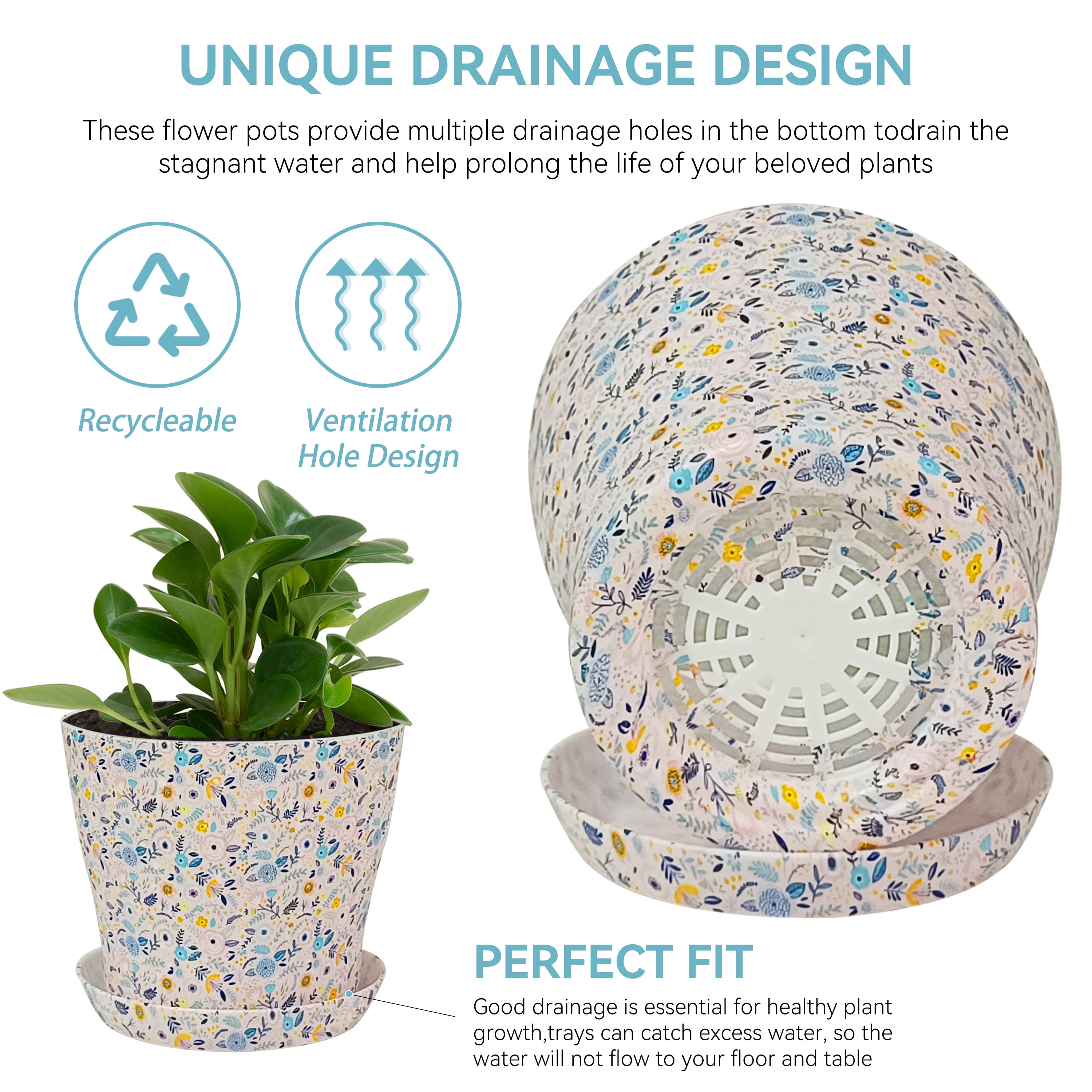 Set of 4 Plastic Printed Planters with Drainage Holes and Saucers,Diam 4.7Inch Home Decor Flower Pots for Indoor Planter - Plastic Planters Pot for Indoor Plants, Cactus, Succulents