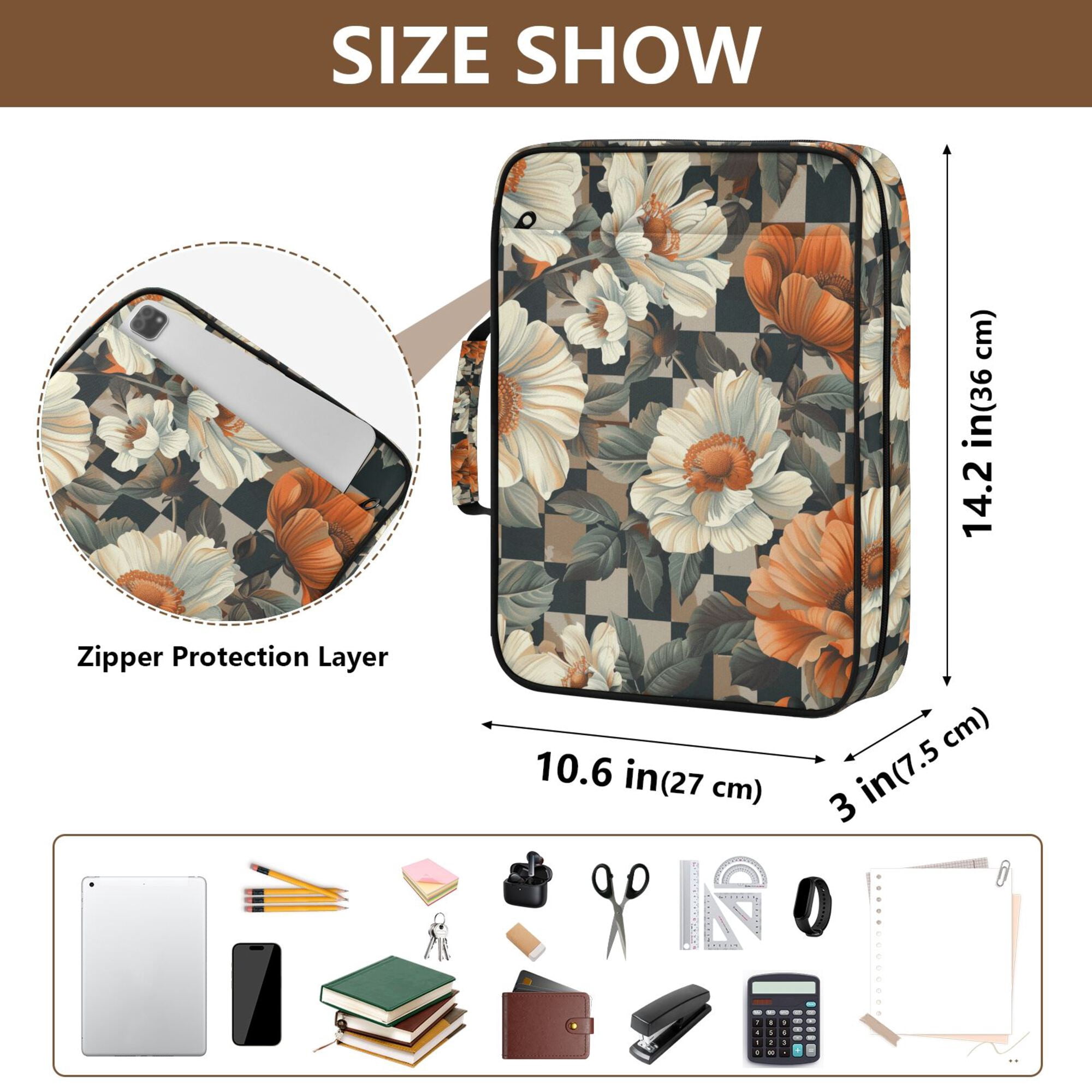 FORMRS Accordion File Folder A4 Size 7-Pocket Expanding Document Organizer Bag with 3 Ring Binder, Gray Floral Pattern