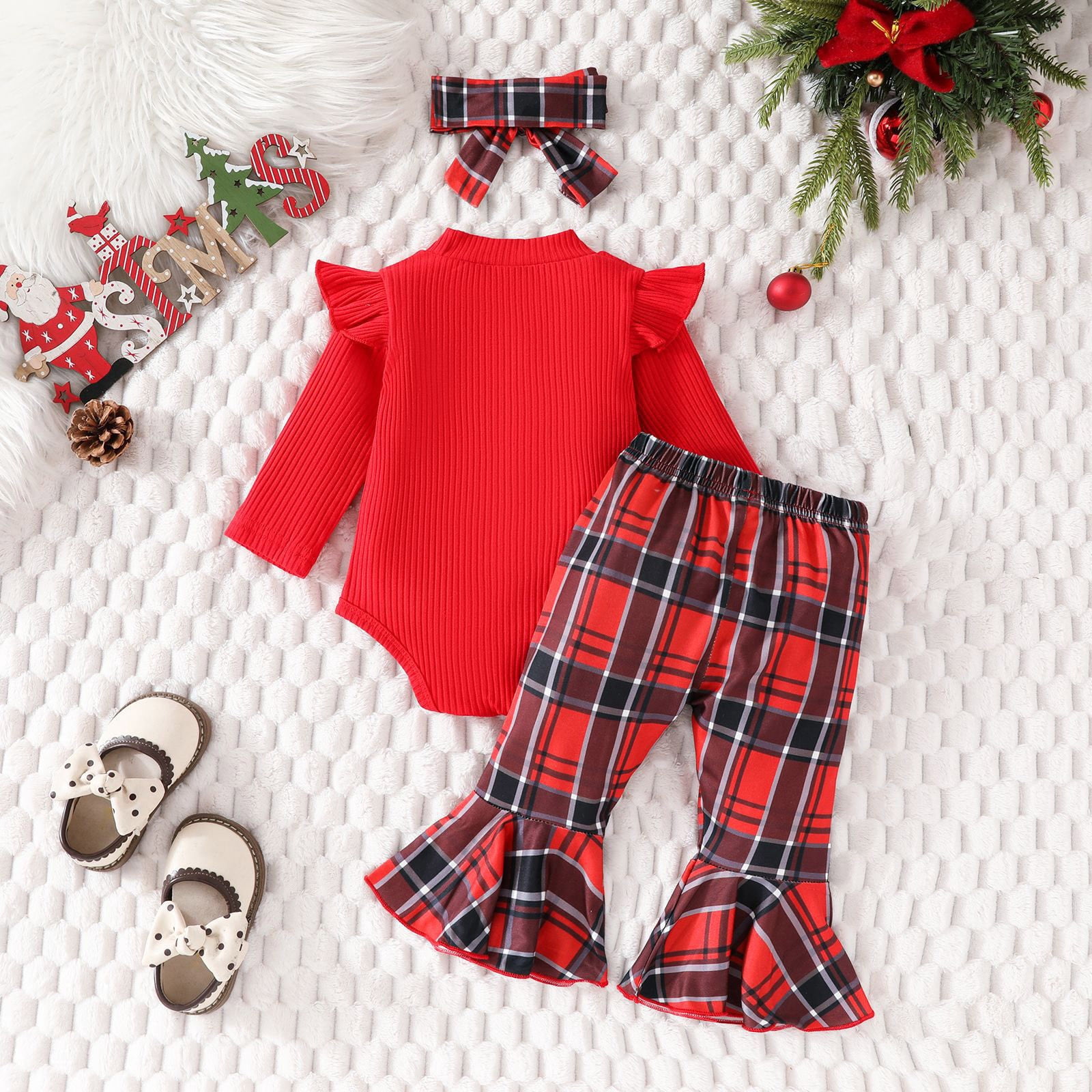 Girls Outfits Set Girls Long Sleeve Christmas Ribbed Romper Bodysuit Plaid Bell Bottoms Pants Outfits 9 Months-12 Months