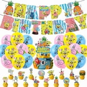 Spongebob Party Decorations - 52 Pcs Cartoon Spongebob Birthday Party Supplies Favors Set for Boys and Girls Include Happy Birthday Banner, Cake Topper, Cupecake Toppers, Latex Balloons-Chengyu
