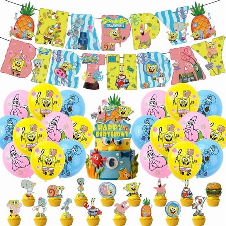 Spongebob Party Decorations - 52 Pcs Cartoon Spongebob Birthday Party Supplies Favors Set for Boys and Girls Include Happy Birthday Banner, Cake Topper, Cupecake Toppers, Latex Balloons-Chengyu