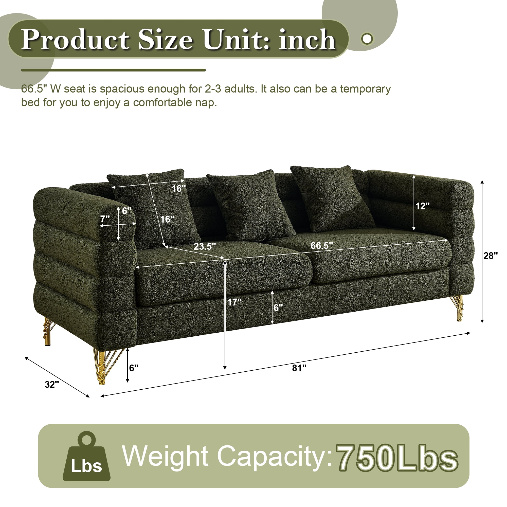 81"L Couches and Sofas, Atumon 3-Seat Sofa Couch, Mid-Century Upholstered Sofa Furniture with 4 Metal Legs and 3 Pillows, Modern Sofa for Living Room Bedroom Apartment, 81"L x 32"W x 28"H, Green